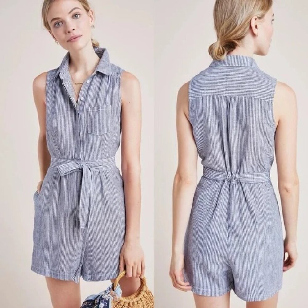 Anthropologie Linen Blend Blue/White Stripe Romper Size 14 Worn Once